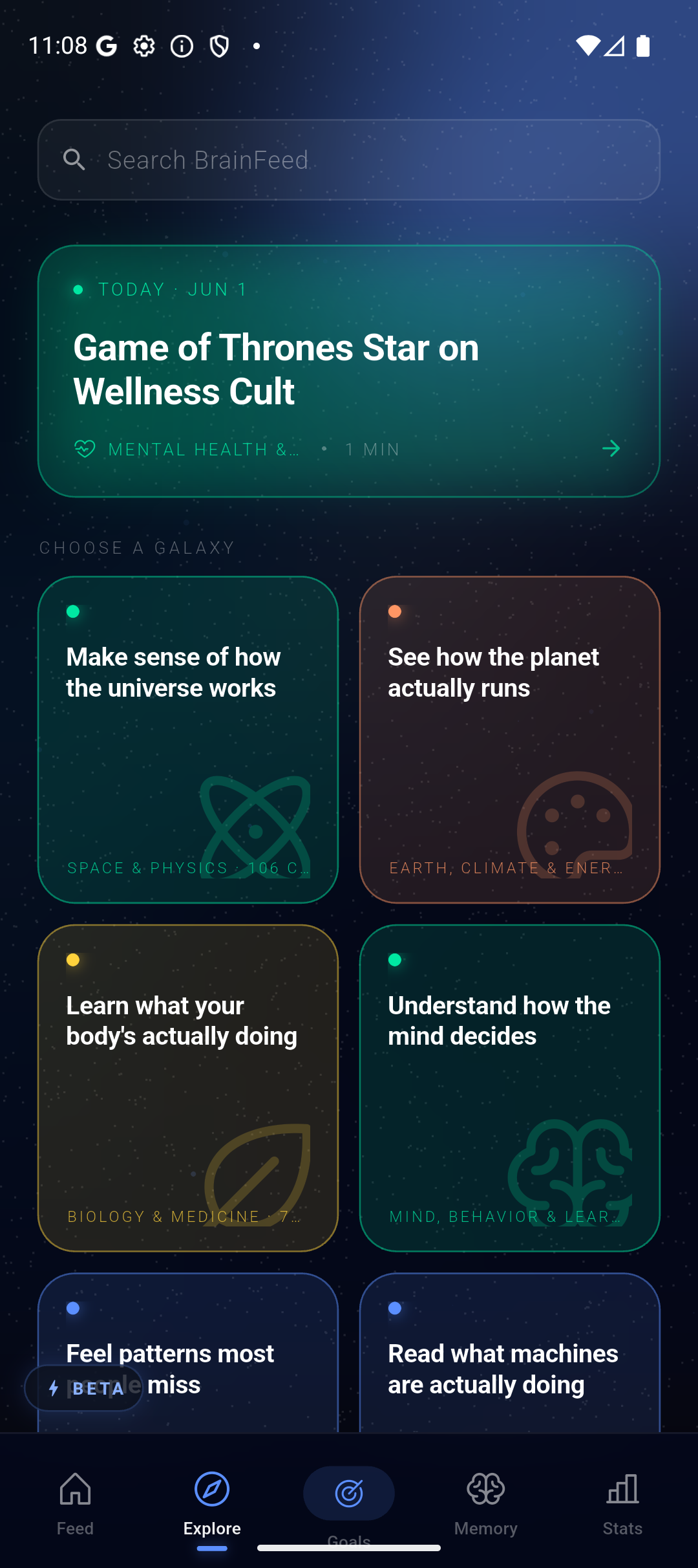Explore tab with a today card and a galaxy grid of topic clusters