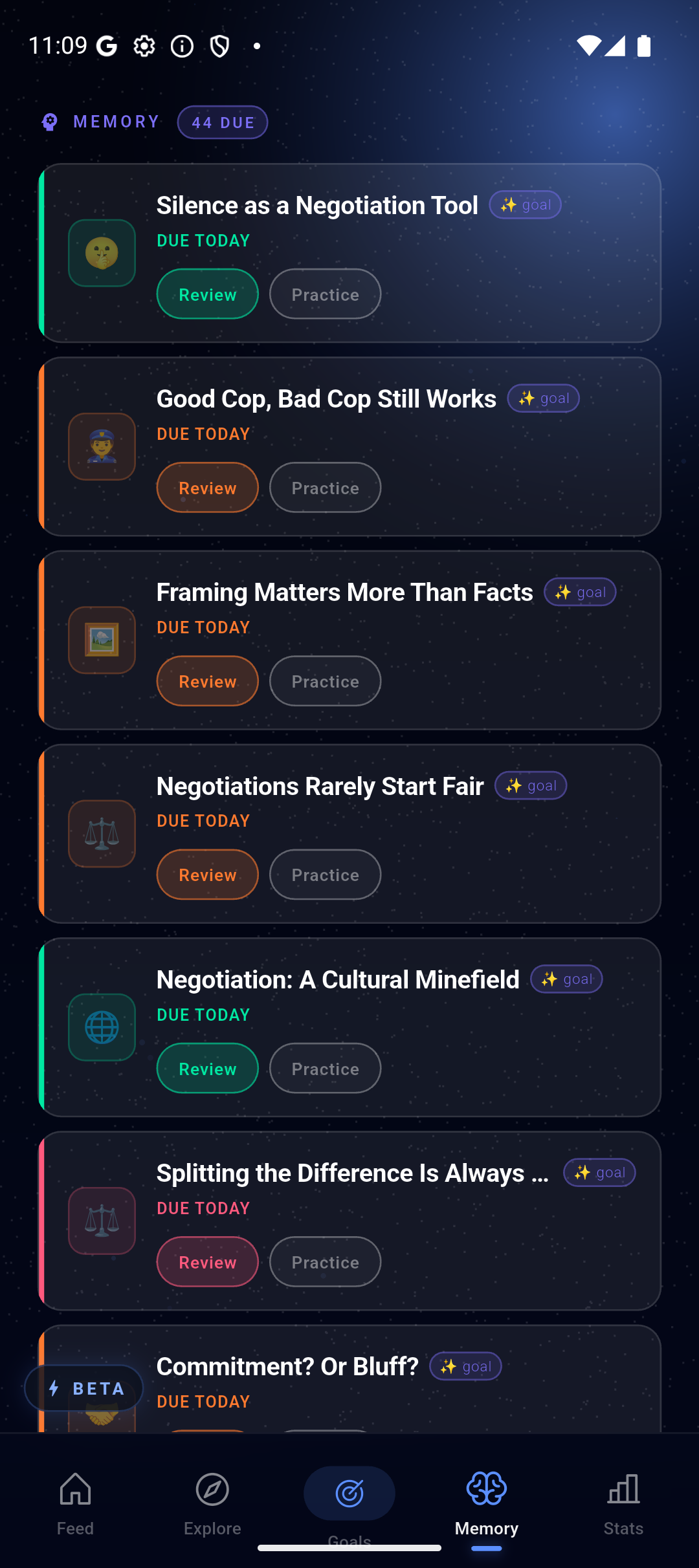 Memory tab queue showing topics due today with Review and Practice buttons