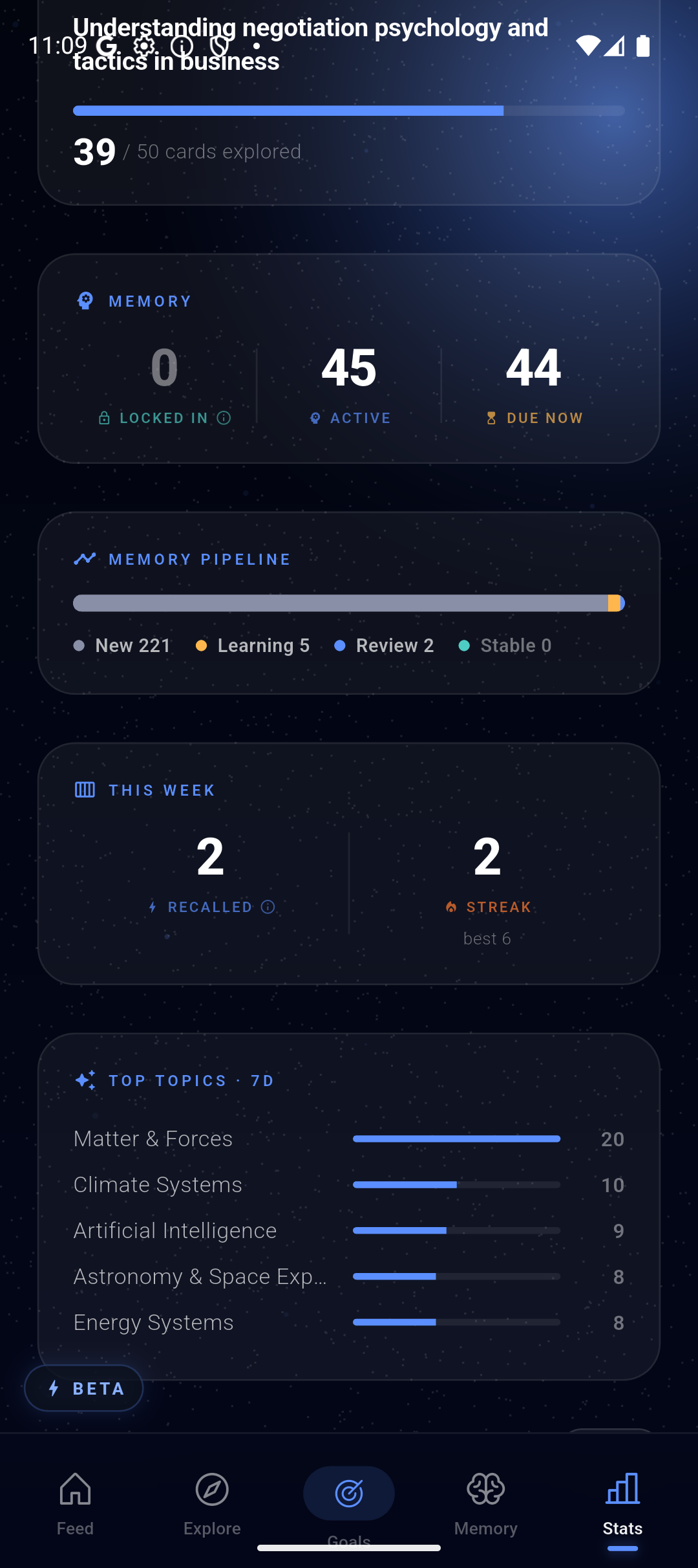 Stats screen with memory pipeline, recall counter, and top topics breakdown